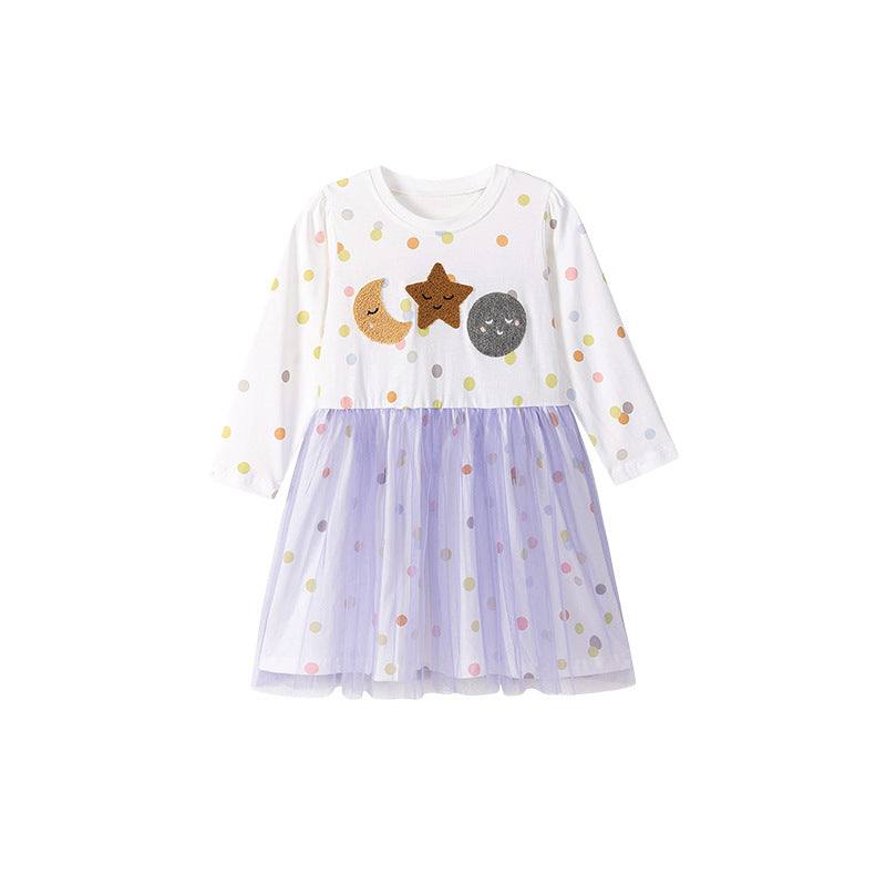 Autumn and Spring Arrival Cartoon and Polka Dots Pattern Tulle Patchwork Long Sleeves Dress for Stylish Girls