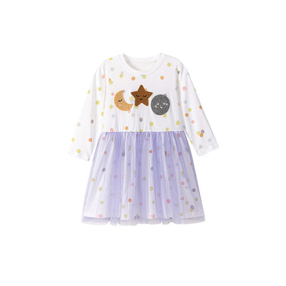 Autumn and Spring Arrival Cartoon and Polka Dots Pattern Tulle Patchwork Long Sleeves Dress for Stylish Girls