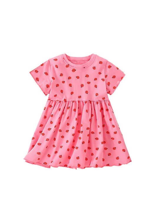 Summer Arrival Baby Kids Girls Short Sleeves Ladybird Print Pink Dress