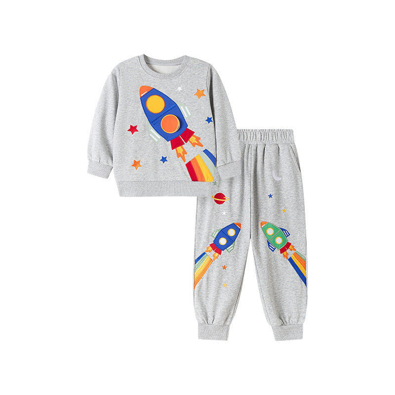 Spring and Autumn Boys Rockets and Stars Pattern Long Sleeves Top Sweatshirt and Pants Clothing Set