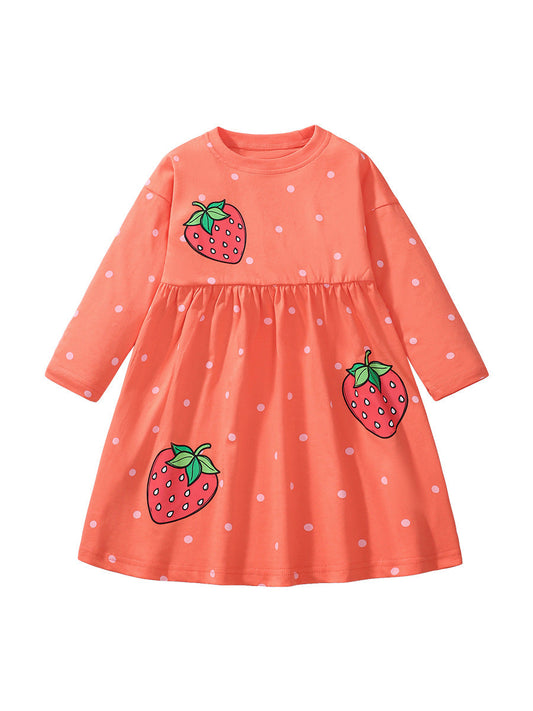 Autumn Arrival Girls’ Strawberry Pattern Dots Crew Neck Long Sleeves Dress