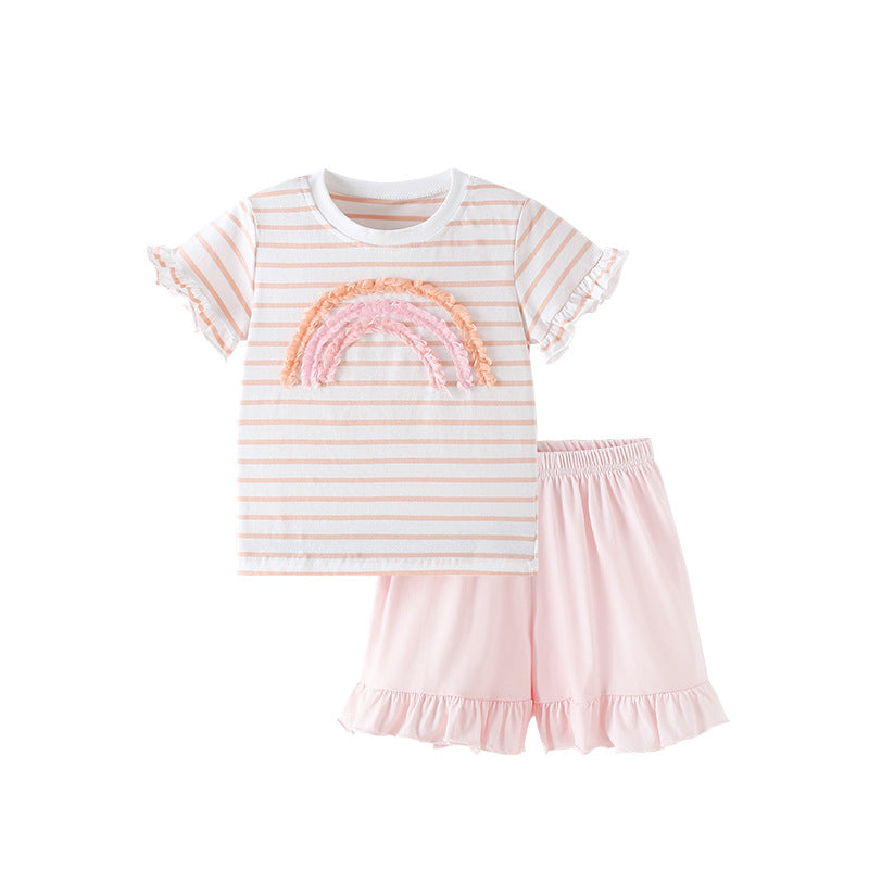 Summer Baby Kids Rainbow Pattern Striped T-shirt and Pink Shorts Clothing Set for Girls