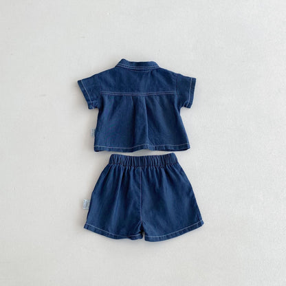 Summer Hot Selling Baby Kids Boys Short Sleeves Denim Single Breasted Top and Shorts Clothing Set