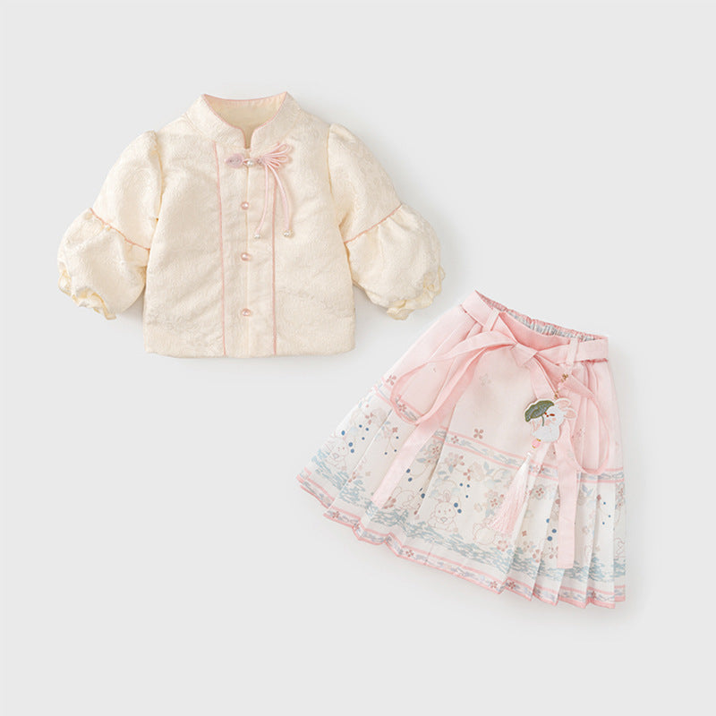 Autumn Arrival Baby Girls Simple Stand Collar Top and Rabbits Pattern Skirt Clothing Set