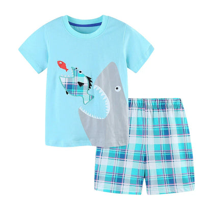 Summer Baby Kids Cartoon Marine Animals Pattern T-shirt and Plaid Shorts Casual Clothing Set for Boys
