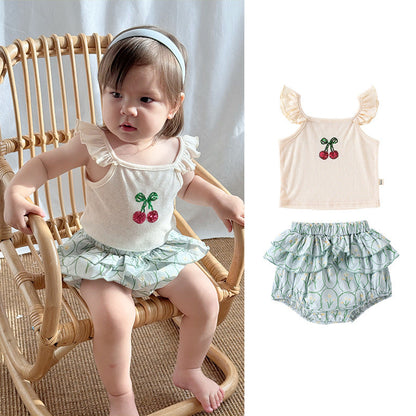 Summer Arrival Baby Girls Sleeveless Beaded Cherry Pattern Top Vest and Bloomers Clothing Sets
