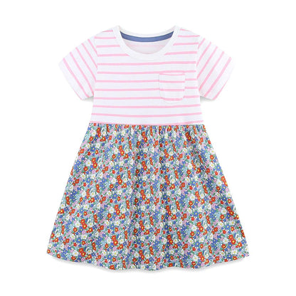 Summer Arrival Striped and Flowers Pattern Short Sleeves Color Patchwork Dress for Stylish Girls