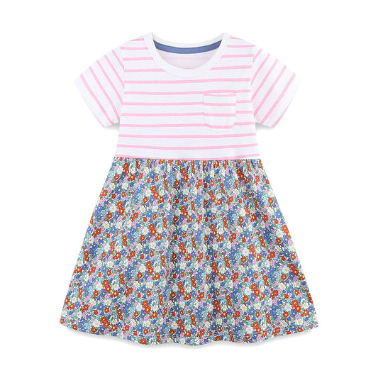 Summer Arrival Striped and Flowers Pattern Short Sleeves Color Patchwork Dress for Stylish Girls