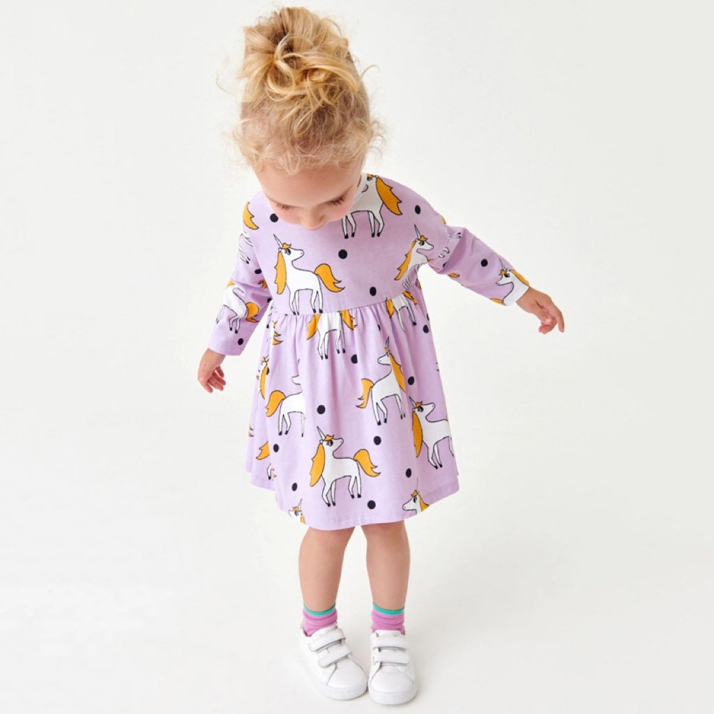 Baby Girl Unicorn Pattern Long Sleeves Style Dress In Autumn Wearing Outfits