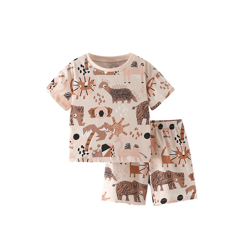 Summer Baby Kids Casual Animals Cartoon Pattern T-shirt and Shorts Clothing Set for Boys
