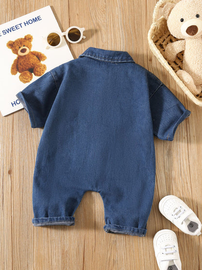 Autumn and Spring Arrival Baby Casual Pocketed Denim Rompers with Turn-down Collar
