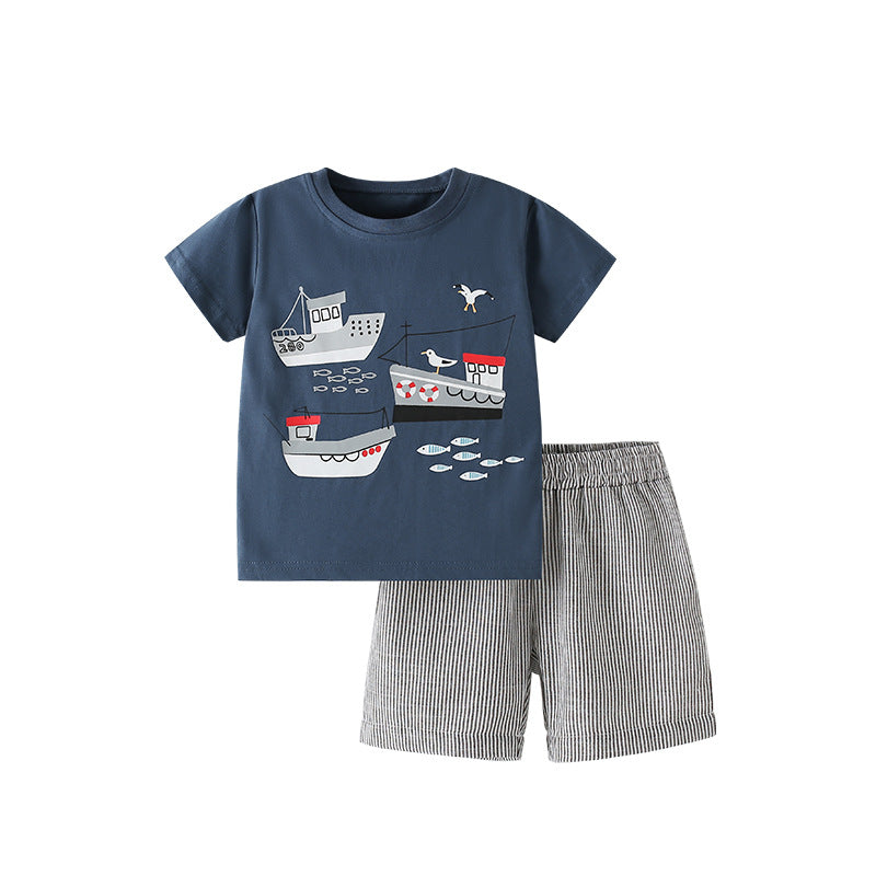 Summer Baby Kids Casual Ships Cartoon Pattern T-shirt and Striped Shorts Clothing Set for Boys