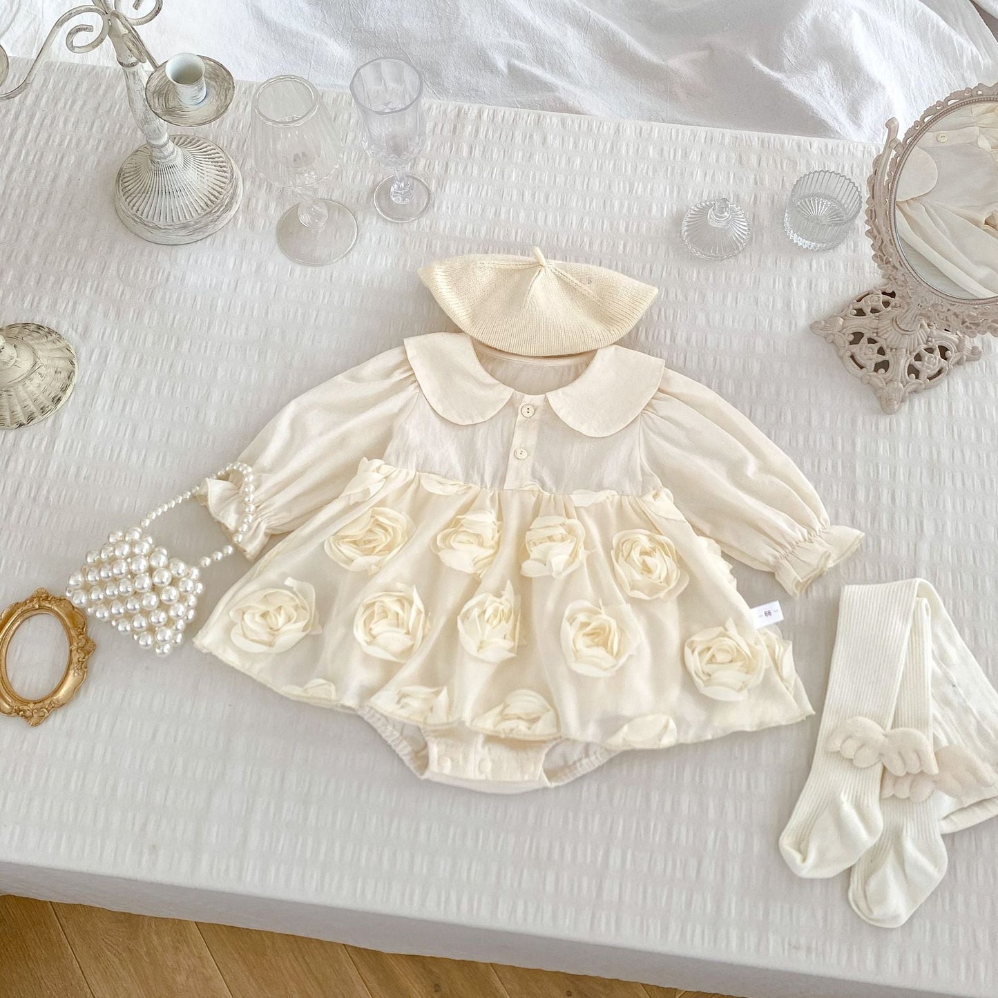 Autumn Arrival Baby Girls Long Sleeves Solid Color 3D Tulle Flowers Attached Bodysuits Dress
