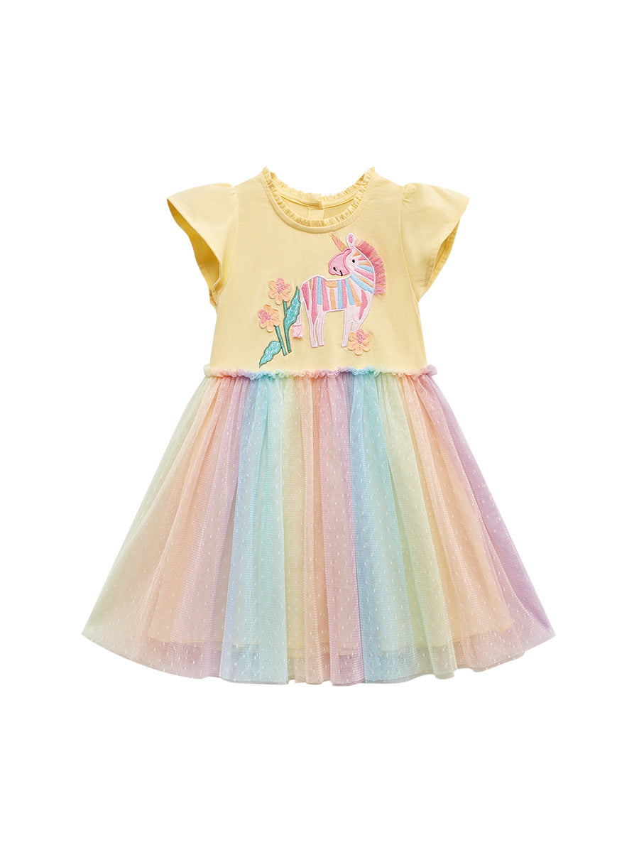 Arrival Summer Girls Unicorn Pattern Crew Neck Short Sleeves Tulle Patchwork Princess Dress