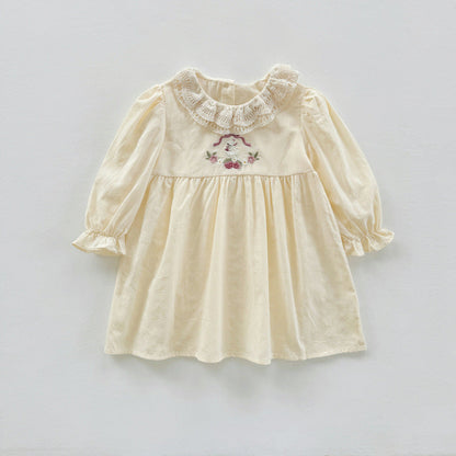 Arrival Autumn Girls Simple Cartoon Embroidery Pattern Long Sleeves Hollow-out Collar Dress