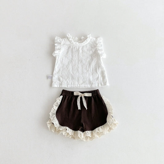 Summer Hot Selling Baby Kids Girls Sleeveless Solid Color Flowers Pattern Top Vest and Lace Decorated Shorts Clothing Set