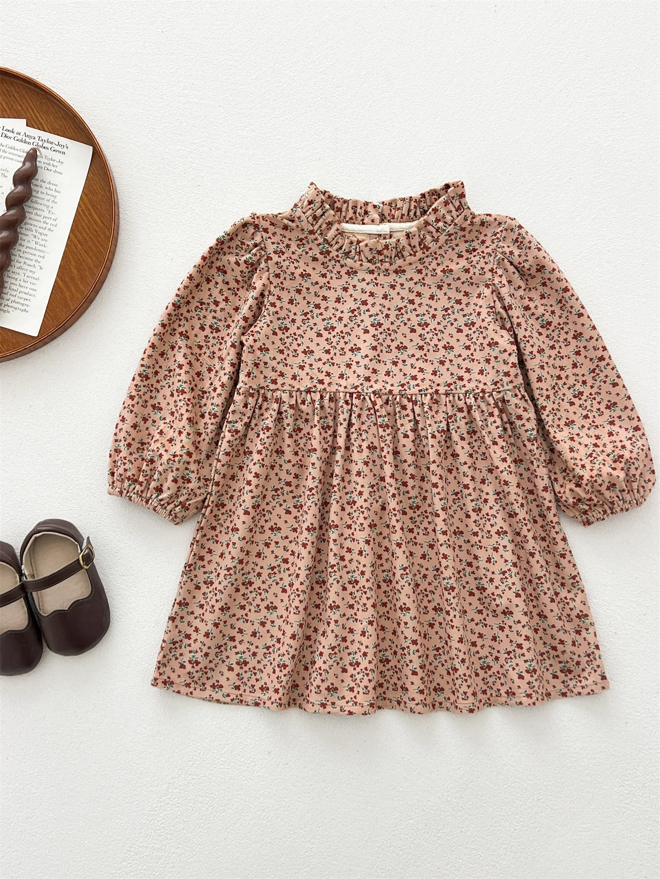 Spring and Autumn Corduroy Long-sleeved Dress with Ruffle Neck for Stylish Girls