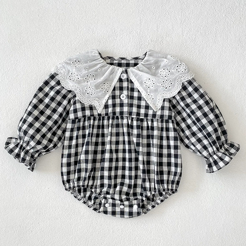 Autumn Baby Girls French-style Flowers Pattern Collar Long Sleeves Plaid Onesies and Dress – Princess Sister Matching Set