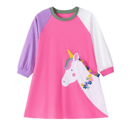 Autumn Arrival Cartoon Animals Pattern Long Sleeves Crew Neck Dress for Stylish Girls