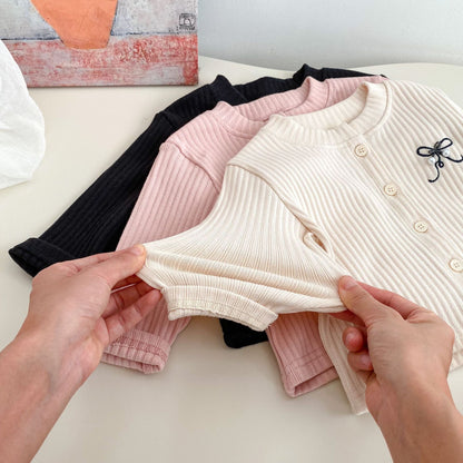 Spring and Autumn Kids Girls Cute Butterfly-bow Embroidered Long Sleeves Top and Pants Clothing Set