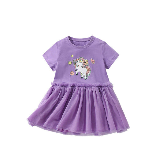 Summer Arrival Horse Cartoon Pattern Short Sleeves Tulle Design Cute Dress for Stylish Girls