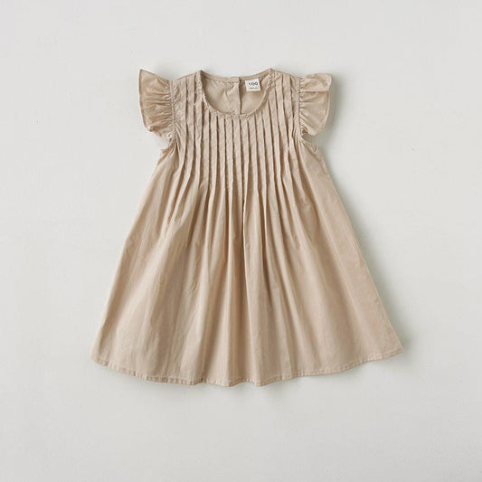 Summer Arrival Kids Girls Fly Sleeves Solid Color Pleated Dress