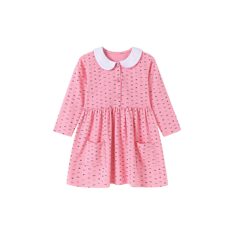 Autumn and Spring Arrival Geometric Pattern Long Sleeves Dress with Peter Pan Collar for Stylish Girls