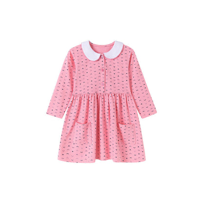 Autumn and Spring Arrival Geometric Pattern Long Sleeves Dress with Peter Pan Collar for Stylish Girls