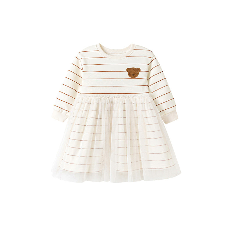 Autumn and Winter Warm Arrival Teddy Cartoon and Striped Pattern Long Sleeves Crew Neck Dress for Stylish Girls