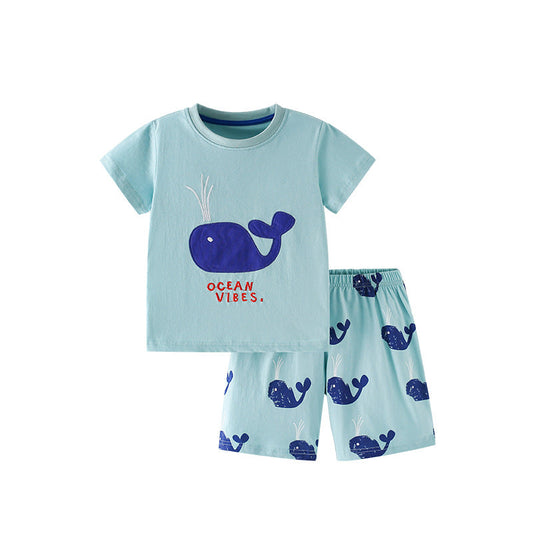 Summer Baby Kids Whales Cartoon Pattern T-shirt and Shorts Clothing Set for Boys