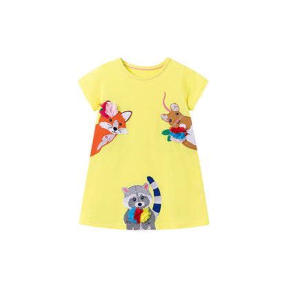 Summer Arrival Animals Cartoon Pattern Short Sleeves Dress for Stylish Girls