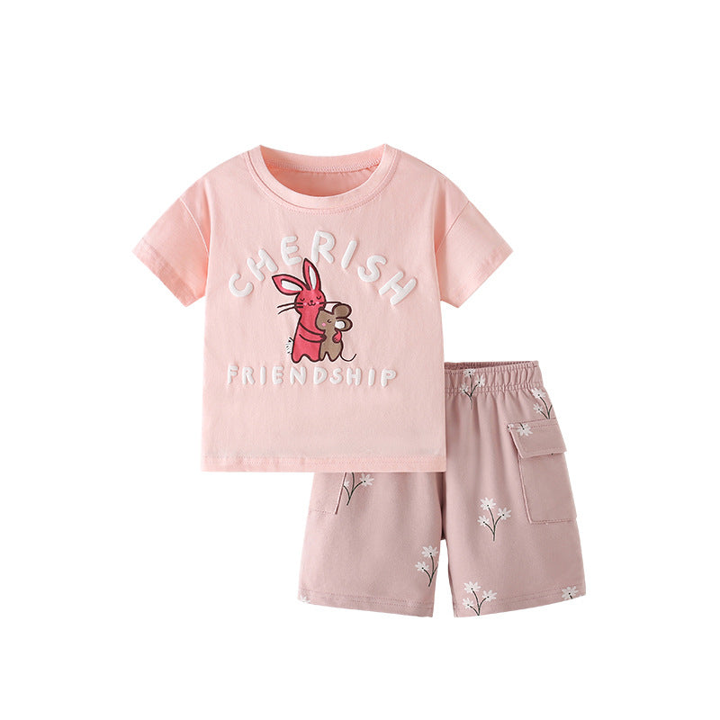 Summer Baby Kids Cartoon and Letters Pattern T-shirt and Floral Shorts Clothing Set for Girls