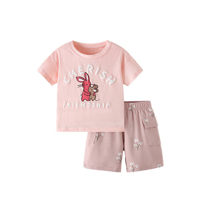 Summer Baby Kids Cartoon and Letters Pattern T-shirt and Floral Shorts Clothing Set for Girls