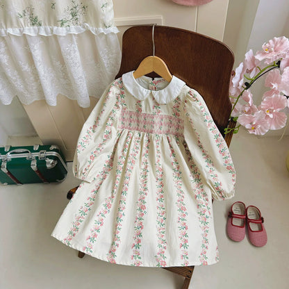 Arrival Autumn Girls Floral and Striped Pattern Long Sleeves Dress