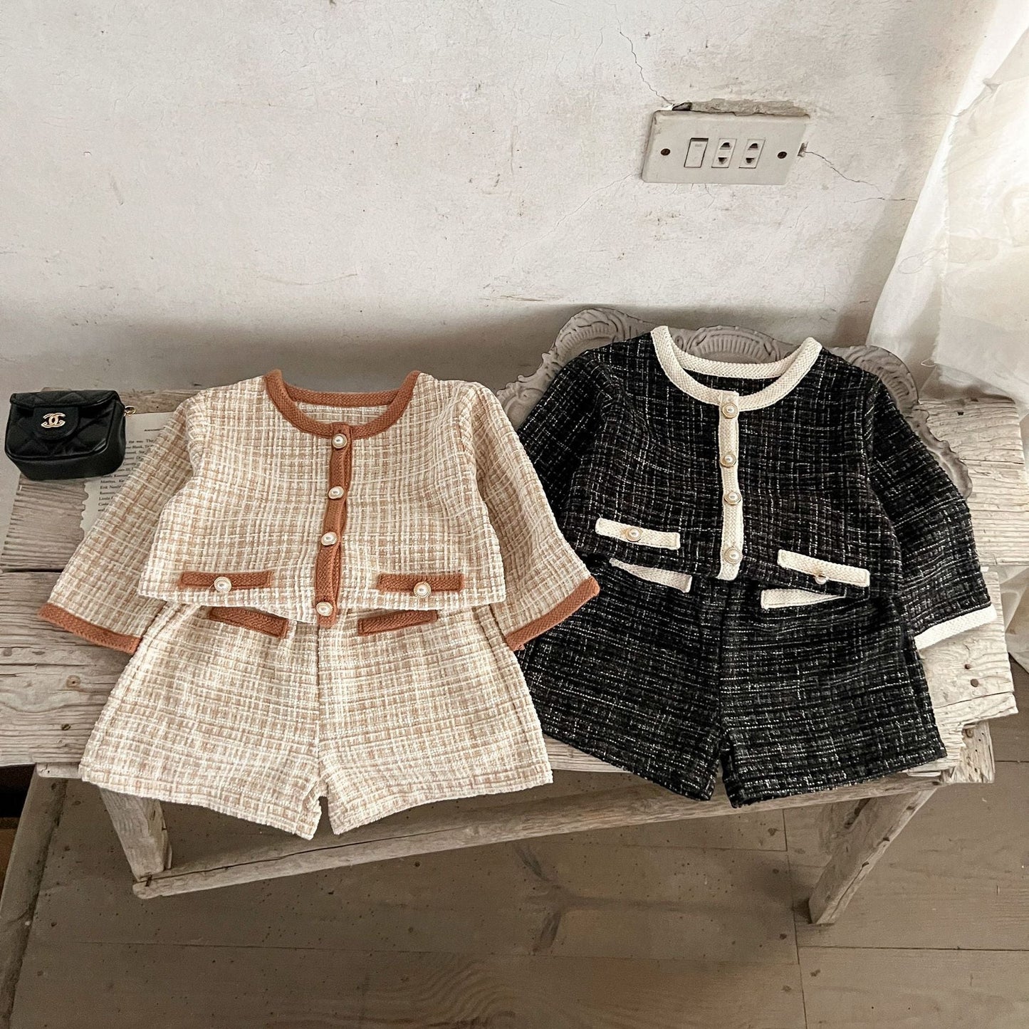 Spring Baby Kids Girls Plaid Cardigan And Shorts Clothing Set