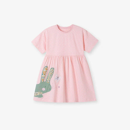 Summer Arrival Rabbit Cartoon Pattern Short Sleeves Dress for Stylish Girls
