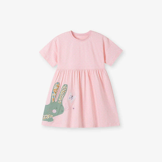 Summer Arrival Rabbit Cartoon Pattern Short Sleeves Dress for Stylish Girls