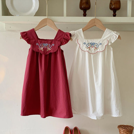 Summer Arrival Baby Kids Girls Fly Sleeves Flowers Embroidered Pattern Dress