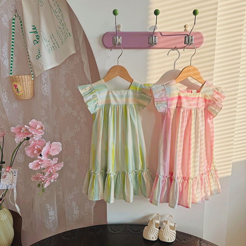 Summer Arrival Baby Kids Girls Fly Sleeves Striped Pattern Dress