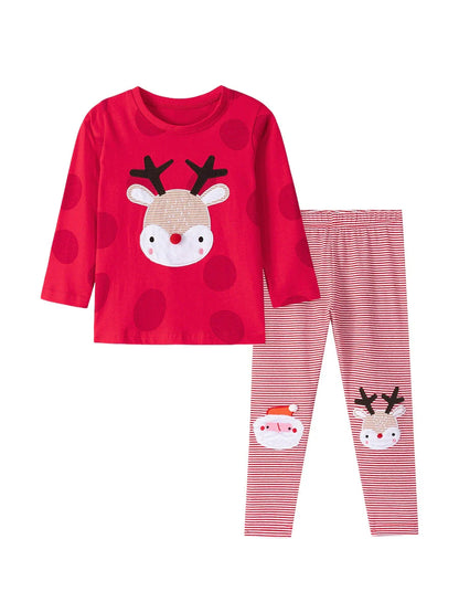 Spring and Autumn Girls Christmas Cartoon Pattern Long Sleeves Sweatshirt and Striped Pants Clothing Set