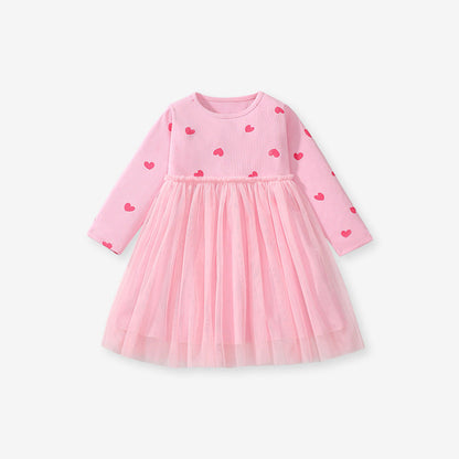 Arrival Autumn Girls Heart Print Crew Neck Long Sleeves Tulle Patchwork Dress