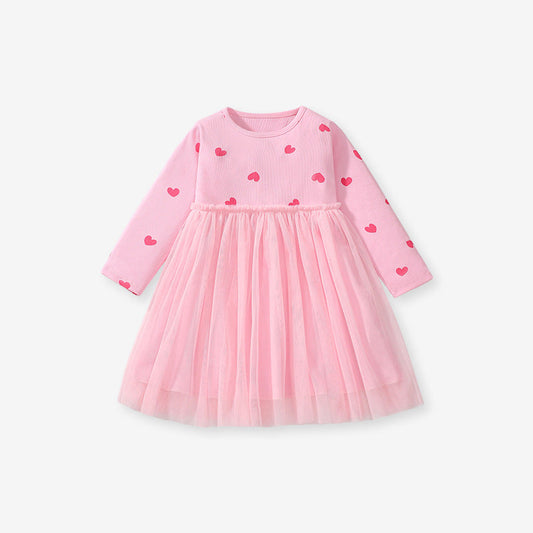 Arrival Autumn Girls Heart Print Crew Neck Long Sleeves Tulle Patchwork Dress