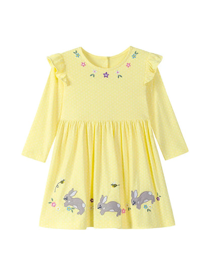 Autumn Arrival Cartoon Rabbits and Flowers Pattern Long Sleeves Crew Neck Dress for Stylish Girls