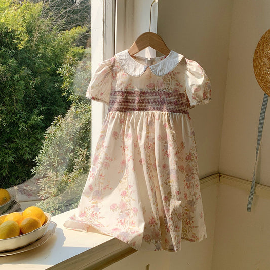 Summer Arrival Floral Pattern Short Sleeves Peter Pan Collar Dress for Stylish Girls