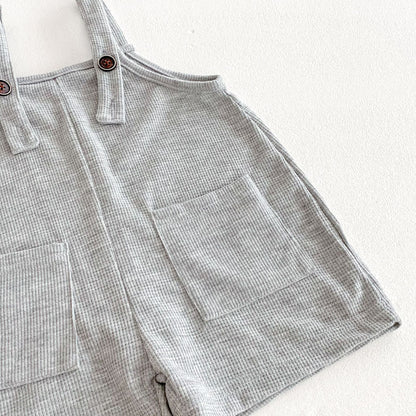 Summer Hot Selling Baby Kids Unisex Sleeveless Pocketed Grey Strap Overalls and White T-Shirt Clothing Set