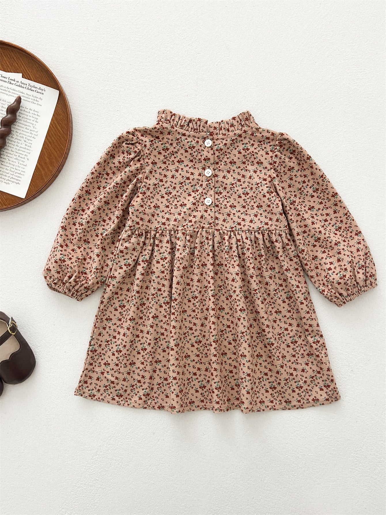 Spring and Autumn Corduroy Long-sleeved Dress with Ruffle Neck for Stylish Girls