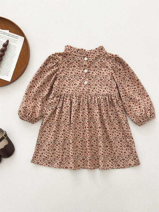 Spring and Autumn Corduroy Long-sleeved Dress with Ruffle Neck for Stylish Girls