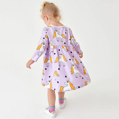 Baby Girl Unicorn Pattern Long Sleeves Style Dress In Autumn Wearing Outfits