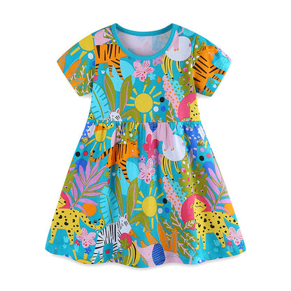 Summer Pure Cotton Cartoon Jungle Animals Pattern Short Sleeves Dress for Stylish Girls