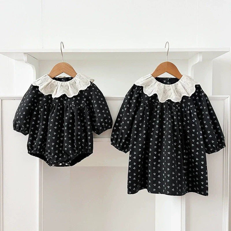 Autumn Baby Girls French Style Vintage Flowers Pattern Long-sleeved Onesies and Dress – Princess Sister Matching Set